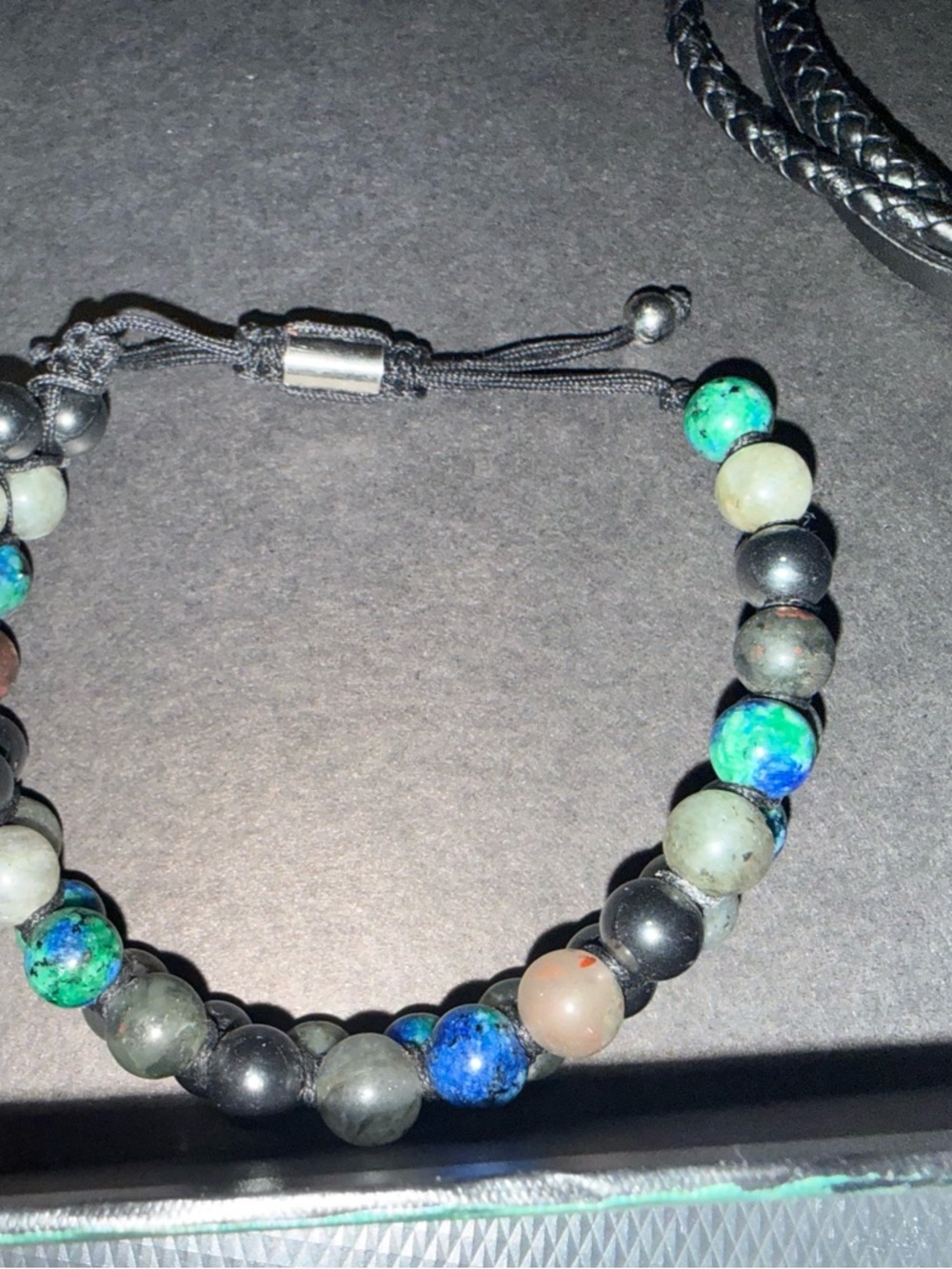 Adjustable Beaded Bracelet with Green and Blue Stone Beads